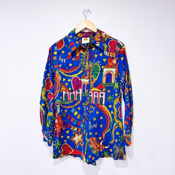 FARM RIO Blue Folk Party linen romper - Picture 2 of 10